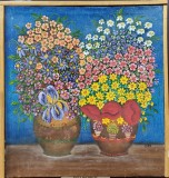 Petru Mihut - Vase cu Flori, Pictura Naiva, 1979, Ulei pe Panza, 45x48.5cm, Certificat Autenticitate