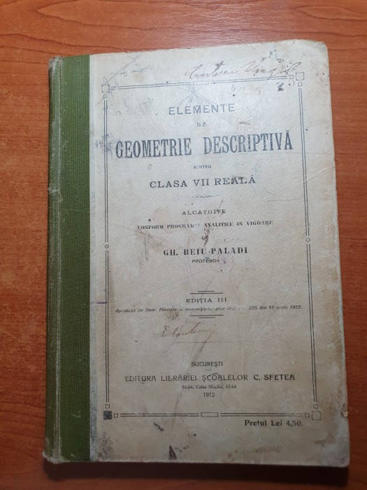 manualul - elemente de geometrie descriptiva pentru clasa a 7-a din anul 1912