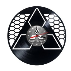Ceas de perete decorativ realizat din disc de vinil, Model Mitsubishi, Logo Trei Diamante, Grila Fagure, Carbon Look, Negru, 30 cm