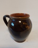 Cana ceramica vintage taraneasca lut smaltuit, decorat cu 2 cocosi si floare