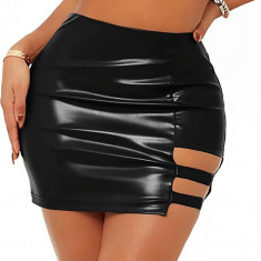 egy Fusta cu talie înaltă din piele artificială pentru femei Fusta mini cu fermoar despicat Fuste elastice bodycon Negru-1 X-Small