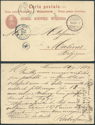 Switzerland 1882 postcard postal stationery Luzern Malines Belgium DB.399 foto