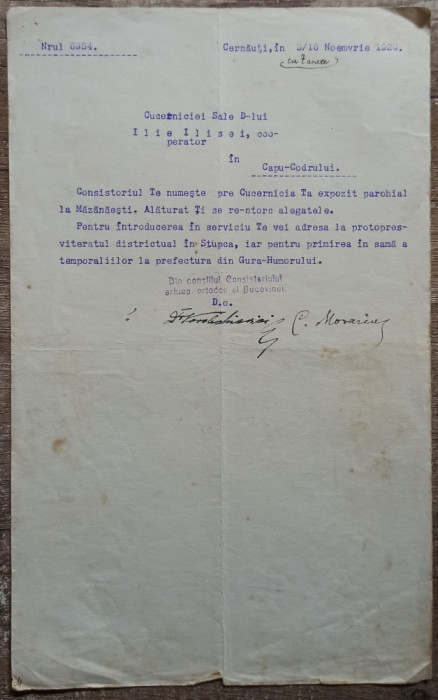 Numire expozit parohial, semnatura episcop Ipolit Vorobchievici, Cernauti 1920