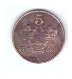 Moneda Suedia 5 ore 1950, versiunea de bronz, stare buna, curata