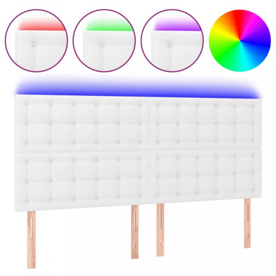 Tăblie de pat cu LED, alb, 200x5x118/128 cm, piele ecologică foto