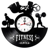 Ceas de perete decorativ, Fitness Center / Culturism, realizat din disc de vinil (Vinyl Record), 30 cm, mecanism silențios, negru