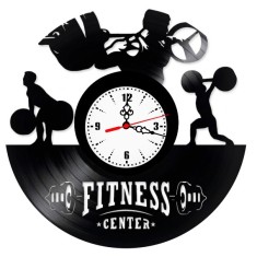 Ceas de perete decorativ, Fitness Center / Culturism, realizat din disc de vinil (Vinyl Record), 30 cm, mecanism silențios, negru