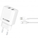 Incarcator Retea Cu Cablu microUSB Blue Power BPCE02M, 10.5W, 2.1A, 2 x USB-A, Alb, Universal