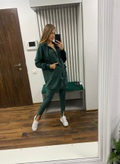 Trening dama verde inchis din catifea cu hanorac lung cu gluga si fermoar si colanti cu banda foto