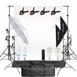 Cumpara ieftin Kit profesional iluminare studio cu fundal alb, 2 softboxuri, 2 umbrele, 2 becuri fluorescente 150W si 2 LED 150W 5500K cu telecomanda, stative 200 cm