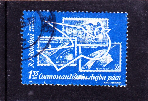 Eroare,Pata de culoare alba pe cosmonautica,stampilat,ROMANIA.