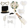 Set 10 accesorii pentru petrecere, flippy, props pentru coltul de poze, model mire si mireasa, tematica nunta, multicolor