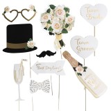 Set 10 accesorii pentru petrecere, flippy, props pentru coltul de poze, model mire si mireasa, tematica nunta, multicolor