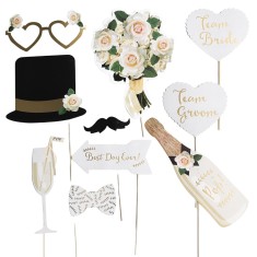Set 10 accesorii pentru petrecere, flippy, props pentru coltul de poze, model mire si mireasa, tematica nunta, multicolor
