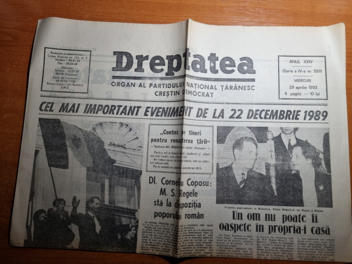 dreptatea 29 aprilie 1992-vizita regelui mihai in romania,art. si fotografii