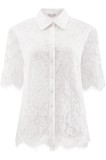 Bluză de damă cu dantelă, plasă transparentă, poale franjurate, model de birou cu nasturi, albă, XXL