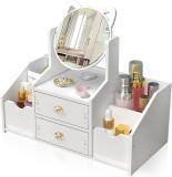 Organizator pentru Cosmetice si Machiaj cu Oglinda Urechi de Pisica EMC ONSHOP&reg;, 2 Sertare, Compartimente Multiple pentru Rujuri si Pensule, Material