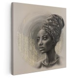 Tablou portret carbune femeie africana cu turban, maro 1319 Tablou canvas pe panza CU RAMA 100x100 cm