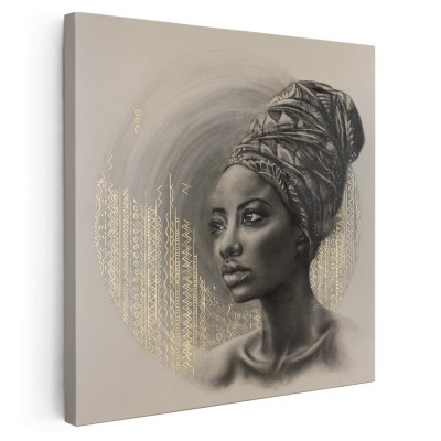 Tablou portret carbune femeie africana cu turban, maro 1319 Tablou canvas pe panza CU RAMA 100x100 cm foto