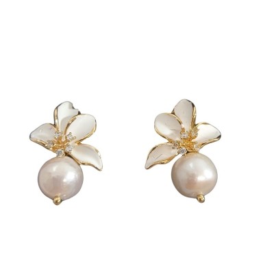 Cercei cu perle floare emailata foto