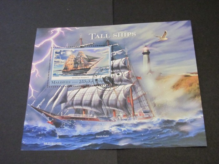 Coliță Filatelică Maldive 2020 - &quot;Tall Ships&quot;, Amerigo Vespucci &amp; Gorch Fock I, Obliterată