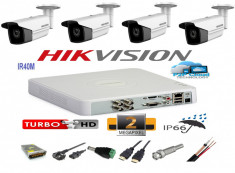 Kit 4 camere supraveghere 2MP Turbo HD, IR 40m HikVision + DVR 4 canale HikVision + Sursa + Cablu + Mufe + Cablu HDMI foto