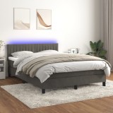 vidaXL Pat cu arcuri, saltea și LED, gri &icirc;nchis, 140x190 cm, catifea
