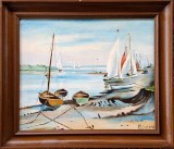 Miguel Ca&ntilde;ero-Peisaj cu bărci şi castel, pictură pe p&acirc;nză, Peisaje, Ulei, Altul
