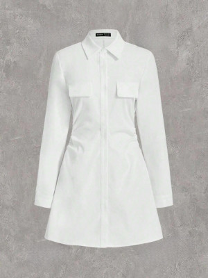 Rochie mini stil camasa, cu maneca lunga si nasturi, alb, dama, Shein foto