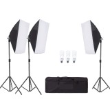 Kit de 3 softboxuri, 3 trepiezi reglabili 200 cm, 3 becuri 45W, geanta de transport inclusa