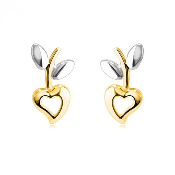 Cercei din aur combinat de 14K - inimă cu decupaj, tulpină cu frunze, &icirc;nchidere de tip fluturaș