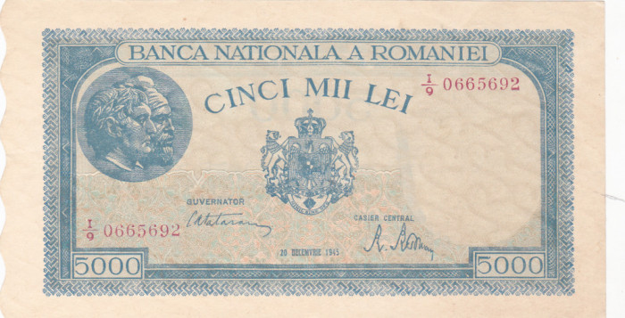 Bancnote Rom&acirc;nia - 5000 lei 1945 decembrie - seria O665692 filigran vertical