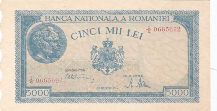 Bancnote Rom&acirc;nia - 5000 lei 1945 decembrie - seria O665692 filigran vertical