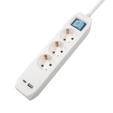 PRELUNGITOR SPACER, Schuko x 3, conectare prin Schuko (T),Type-C x1, USB x 1, 3.1A, cablu 3m, 16 A, max. 3500W, protectie copii, Intrerupator, Gri-Alb