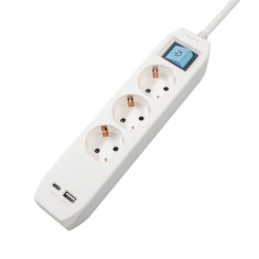 PRELUNGITOR SPACER, Schuko x 3, conectare prin Schuko (T),Type-C x1, USB x 1, 3.1A, cablu 4.5m, 16 A, max. 3500W,protectie copii, Intrerupator, Alb-Gr