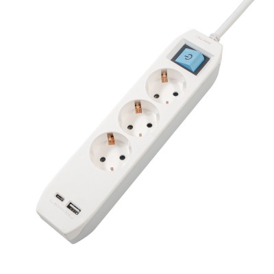 PRELUNGITOR SPACER, Schuko x 3, conectare prin Schuko (T),Type-C x1, USB x 1, 3.1A, cablu 3m, 16 A, max. 3500W, protectie copii, Intrerupator, Gri-Alb foto