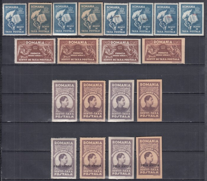 ROMANIA 1947 REGELE MIHAI I FUNDATIA SCUTIT DE TAXA POSTALA DANTELAT SI NEDANTELAT+SUPRATIPAR 1948 SI PRIN AVION HARTIE ALBA+HARTIE GRI STARE MNH