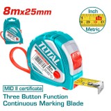 Cumpara ieftin Ruleta Total de 8 metri, cu latimea de 25mm si buton cu 3 functii TOTAL