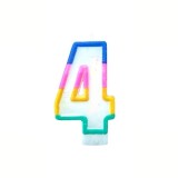 Cumpara ieftin Lumanare aniversara cifra 4 alba 4,8 cm, decor albastru, roz, galben, verde si portocaliu, parafina, suport plastic pentru tort