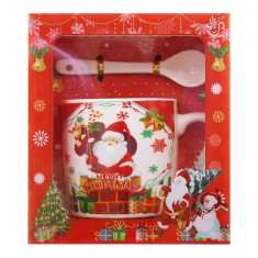 Set cana ceramica cu lingurita flippy, 200 ml, tematica mos craciun cu sac de cadouri, multicolor