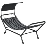 Outsunny Şezlong bain de soleil transat din oțel și poliester cu acoperiș și pernă, dim. 240L x 92l x 148H cm | Aosom Romania