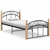 Cadru de pat, negru, 90x200 cm, metal și lemn masiv de stejar, Cires, Dublu, Cu polite semirotunde, vidaXL