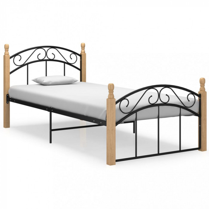 Cadru de pat, negru, 100x200 cm, metal și lemn masiv stejar