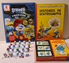 Lot STRUMFI: colectia completa Kaufland (20 figurine, cutie inclusa, 2 jocuri) + benzi desenate Istoria Strumfilor 1976 + Joc Domino Ravensburger 1983