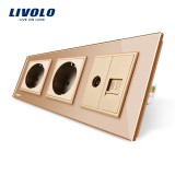 Priza tripla Livolo cu rama din sticla, 2 prize simple si TV/internet, aurie