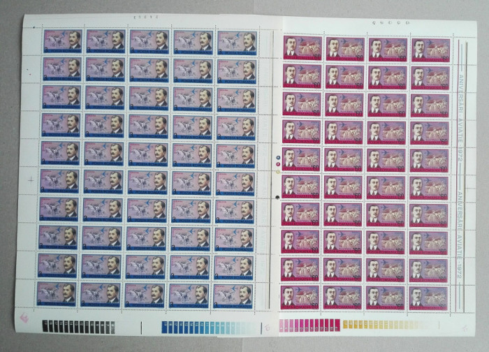 TIMBRE ROM&Acirc;NIA L.P.803/1972 ANIVERSĂRI AVIAȚIE -2 coli 50 de timbre MNH