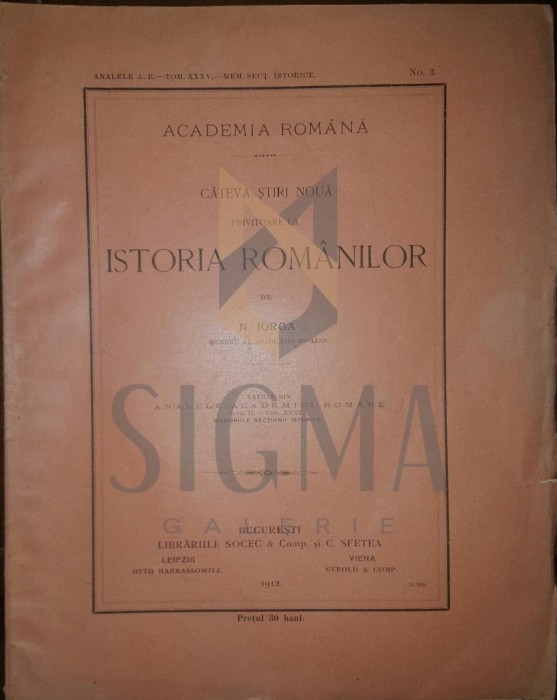 N. IORGA, CATEVA STIRI NOUA PRIVITOARE LA ISTORIA ROMANILOR, 1912