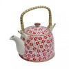 Ceainic Ceramic cu maner din bambus, Flowers Red, 800 ml