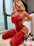 Set Lenjerie Body si Ciorapi cu Pietricele Stralucitoare, Material Elastic, Rosu, S-L