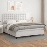 VidaXL Pat box spring cu saltea, alb, 160x200 cm, piele ecologică